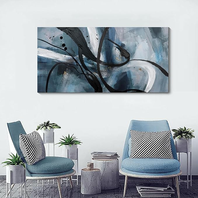 Abstract Canvas Wall Art Black And White Graffiti Lines Simple Art Modern Abstract Artwork Canvas Prints Canvas Picture Contemporary Wall Art Bedroom Living Room Office Decoration Framed 24x48 Inch