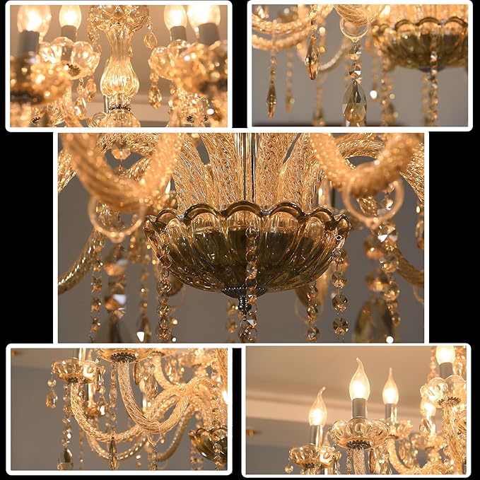 MALOSA Luxury Cognac Large Crystal Chandeliers for Dining Room,Living Room,Bedroom 30.7" 15 Lights
