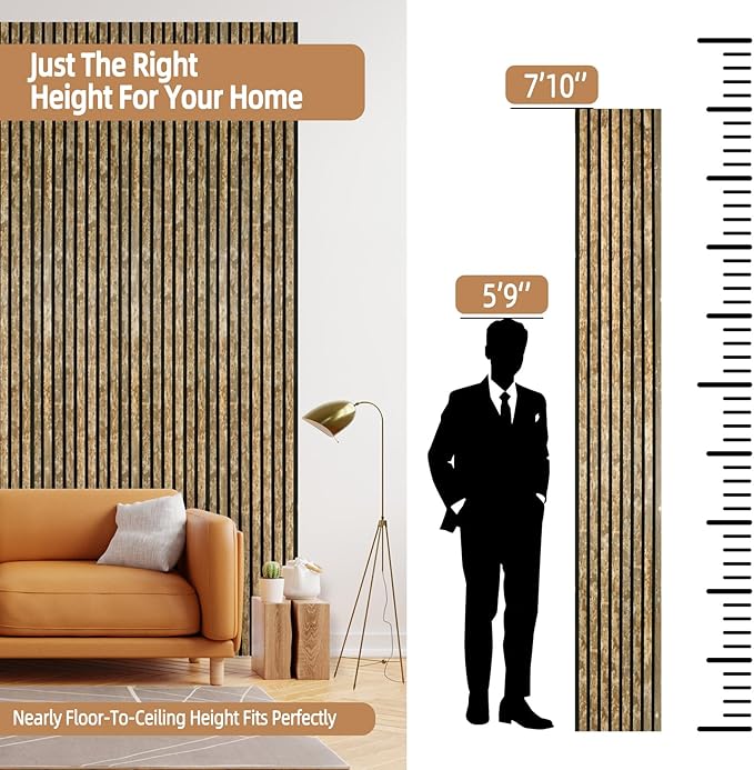 Acoustic Wood Slat Wall Panels - Weathered Walnut Soundproof Paneling for Interior Wall Decor, Modern Design, 94" x 12", 4-Pack