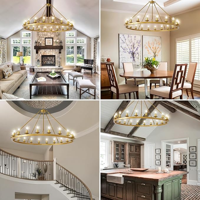 48" Gold Wagon Wheel Chandelier, 20 Light Farmhouse Large Brass Chandelier Round Modern Rustic Industrial Adjustable Height for High Ceiling Living Room, Entryways, Foyer, Dining Room