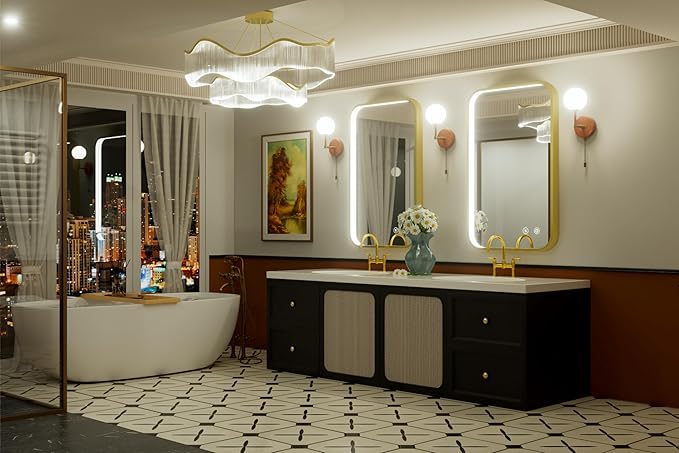 24x36 Inch Gold LED Bathroom Mirror with Lights, Adjustable 3000K/4500K/6000K, Wall Mounted Lighted Bathroom Vanity Mirror, Stepless Dimmable, Anti-Fog, Memory, Horizontal/Vertical