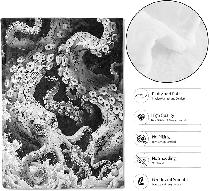 Octopus Kraken Throw Blanket, 50x60in, Soft, Lightweight Flannel,Gothic Bold Black and White Tentacle Art with Ocean Waves Blankets, Nautical Sea Monster Gifts, for Home Living Room Decor