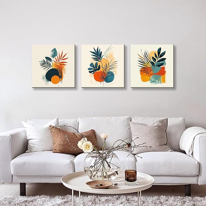 NAN Wind 3Pcs Modern Abstract Botanical Canvas Wall Art Colorful Leaf Prints Contemporary Floral Art for Living Room Minimalist Plant Decor Geometric Canvas Set Ready to Hang for Home Decor