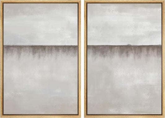 MUDECOR Framed Canvas Print Wall Art Set Pastel Industrial Grunge Gray Watercolor Landscape Abstract Shapes Illustrations Modern Art Decorative for Living Room, Bedroom, Office - 24"x36"x2 Natural