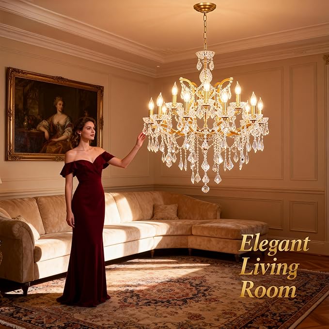 Antique Gold Crystal Chandeliers, Luxury Polished Golden Bronze Candle Pendant Ceiling Light Fixture, 15 Lights Golden Crystal Chandelier for Dining Room Living Room Bedroom Foyer