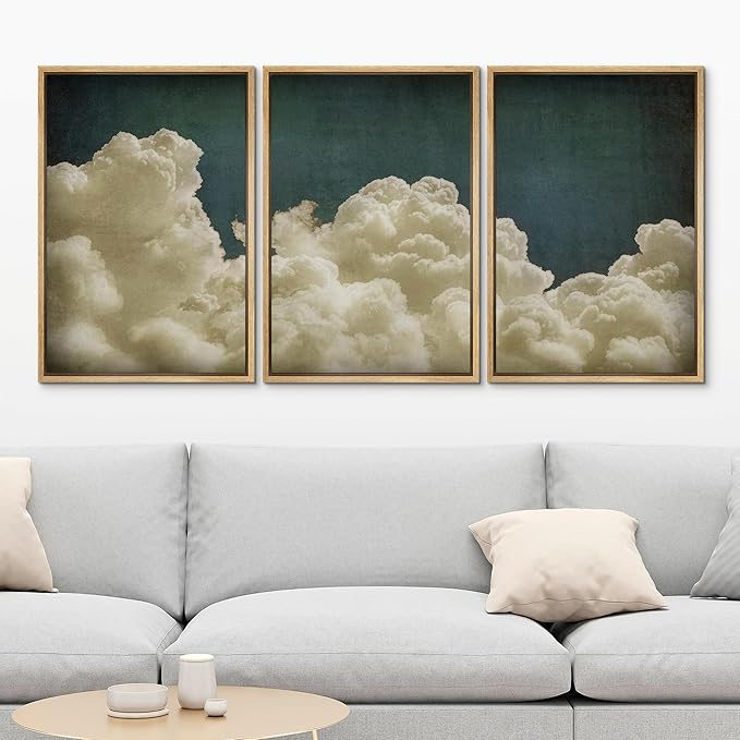 MUDECOR Framed Wall Art Print Set Vintage Cloudscape Dreamy Cotton Clouds Illustrations Modern Art Decorative Colorful Chic for Living Room, Bedroom, Office - 24"x36"x3 Natural