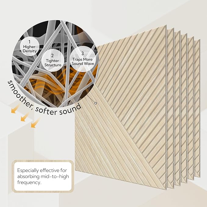 Olanglab Peel and Stick Wall Panels 6 Pack, 23.6 x 23.6 per Wall Panels, Acoustic Wall Panels, Sound Absorbing Wall Art for Home Studio and Office, Light Natural Oak Pattern, Diagonal Stripes