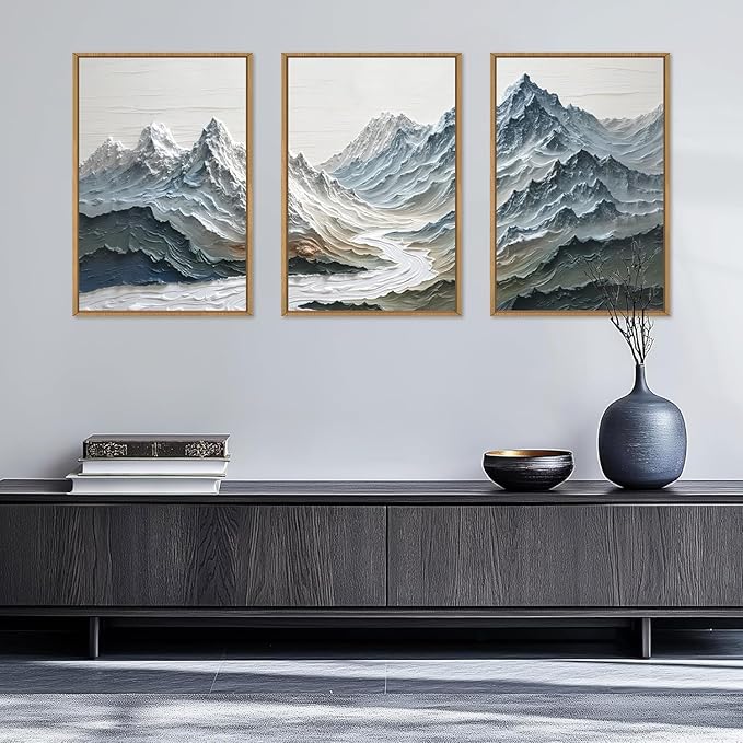Large Snow Mountain River Framed Canvas Wall Art Set,Modern Abstract Nature Landscape Wall Decor,Neutral Blue and White Ridge Scenery Artwork for Living Room,Bedroom,Office-16 x24 x3