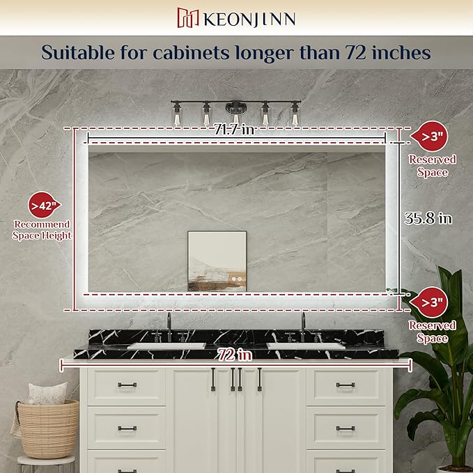 Keonjinn LED Backlit Mirror 72” x 35.9” Oversized Lighted Bathroom Mirror with UL Listed LED Driver, Large Stepless Dimmable Wall Mirror, Tempered Glass, CRI90+ Anti Fog Vanity Mirror with Backlights