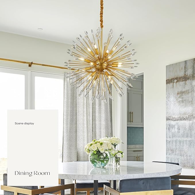 16-Light Gold Sputnik Chandeliers, 31" Starburst Firework Pendant Light fixtures, Mid-Century Modern Satellite Ceiling Lights for Dining Room, Kitchen, Bedroom, Living Room, E12