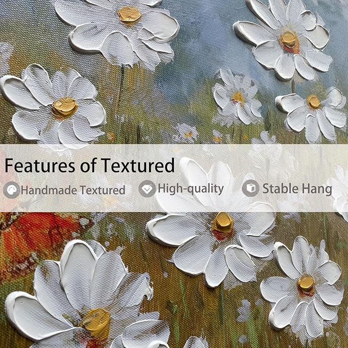 Arjun Flower Wall Art Daisy Painting Textured Paintings, Canvas Art Wall Decor, Large Wall Art for Bedroom, Daisy Art Large Paintings for Living Room Home Office Dining Room 40"x20"