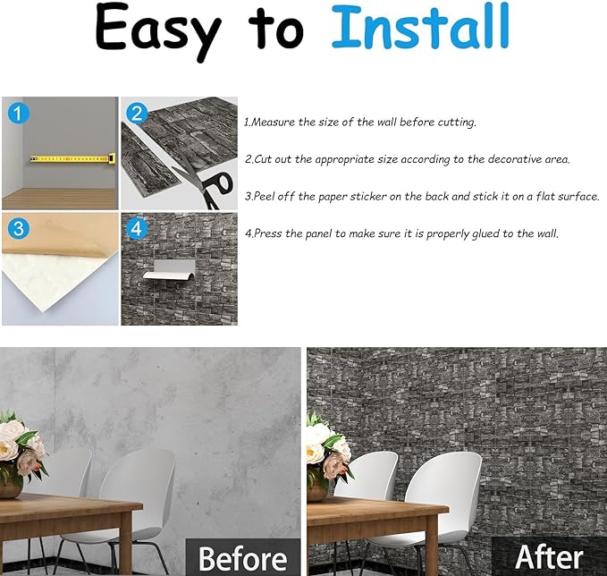 3D Wall Panels Peel and Stick in Black Grey Stone, 10 PCS XPE Foam 3D Wallpaper, Textured Faux Brick Wall Panels for Bedroom, Stairs, Kitchen