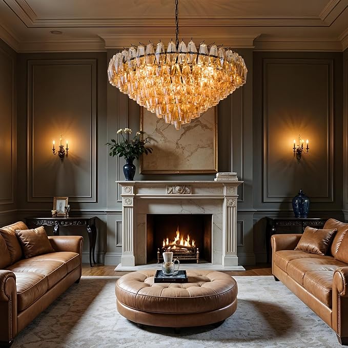 Large Chandelier, 37" Smoke Glass Chandelier for Living Room, 14-Light Round Drum Kitchen Island Hanging Light Fixture Perfect for Dining Room, Bedroom,Kitchen, Foyer- Black