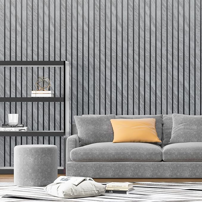Art3d 4-Pack Glue-On Six-Grid Wainscoting Panel for Interior Wall Decor - 104 x 12 Inch Polystyrene Ultralight Slim Slat Wall Panels for Living Room Bedroom, Granite
