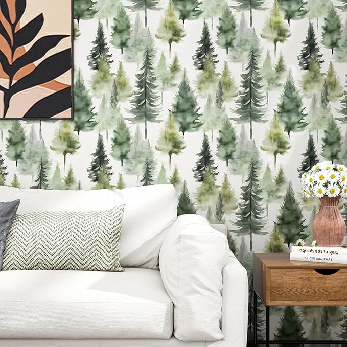 Misty Forest Wallpaper Peel and Stick Foggy Green/Yellow Pine Trees Contact Paper 17.4" x 393" Waterproof Self-Adhesive Woodland Wall Paper for Bedroom Countertop Desk Cabinets Decor Renter Friendly