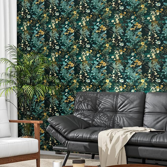 Blue Floral Peel and Stick Wallpaper Boho Leaf Contact Paper Dark Watercolor Removable Self Adhesive Waterproof Wall Paper for Cabinet Drawers Wall Decor Renter Friendly 17.5''x118.1''