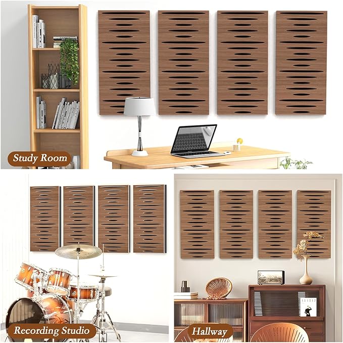 4Pack Acoustic Wall Panel Self-Adhesive Soundproof Foam Panels for Wall, 3D Perforated Tri-Layer Polyester Fiber Decorative Acoustic Insulation for Recording Studio, 24×12×1.78", Elliptical-Line