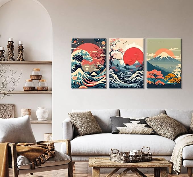 3Pcs Japanese Wall Art Japanese Fuji Wall Decor Asian Nature Landscape Posters Pictures Kanagawa Giant Wave Canvas Prints Cherry Blossom Lake Painting for Living Room Bedroom Office Framed