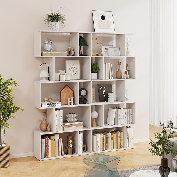 5 Tier Geometric Bookcase, S Shaped Bookshelf, Modern Decorative Storage Shelving, Wooden Room Divider Bookcase, 62.5" Tall Staggered Display Book Shelf for Living Room (2, White)
