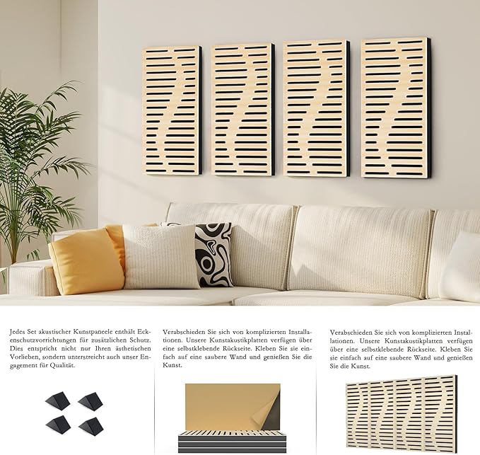 4Pack Acoustic Wall Panel Self-Adhesive Soundproof Foam Panels for Wall, 3D Perforated Tri-Layer Polyester Fiber Decorative Acoustic Insulation for Recording Studio, Office, 24×12×1.78", Regular-Line