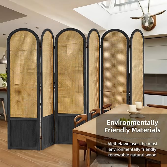 6 Panel Room Divider and Folding Privacy Screen, 5.6 Ft Foldable Double Hinged Rattan Partition, Hand-Woven Rattan Room Divider Portable Wood Freestanding Wall Divider for Room Separation - Black
