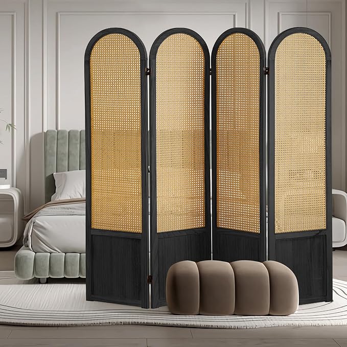 4 Panel Room Dividers and Folding Privacy Screens, Hand-Made Rattan Room Divider with Bi-Directional Hinge, Pre-Assembled Wood Room Divider Wall for Home Office Bedroom, Black