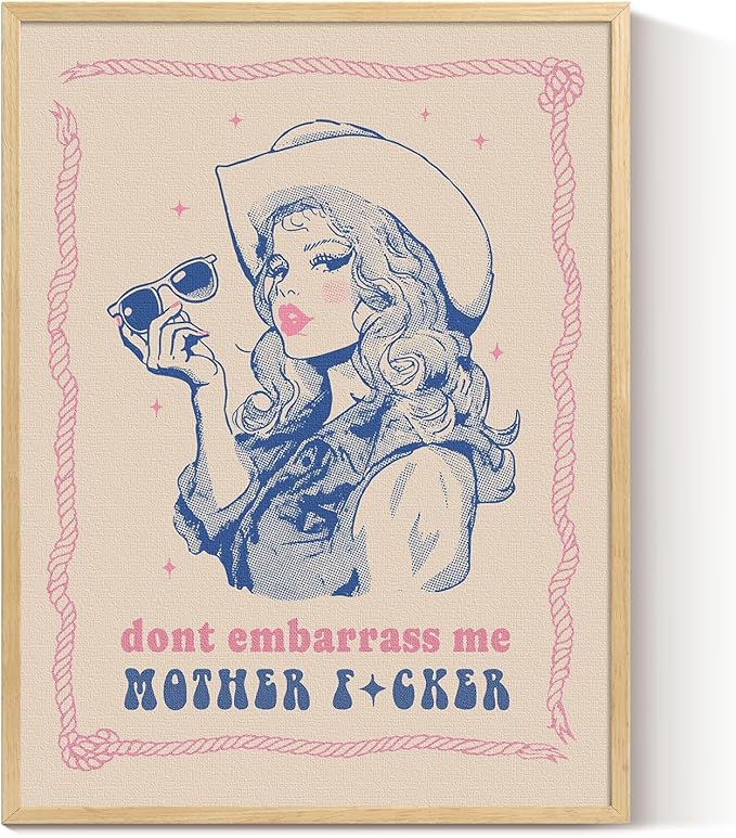 ARPEOTCY Small Framed Canvas Wall Art, 12x16in, Vintage Cowgirl Attitude Art, Trendy Western Room Pink Blue Wall Decor for Bedroom Office Shelf, Country Retro Artwork