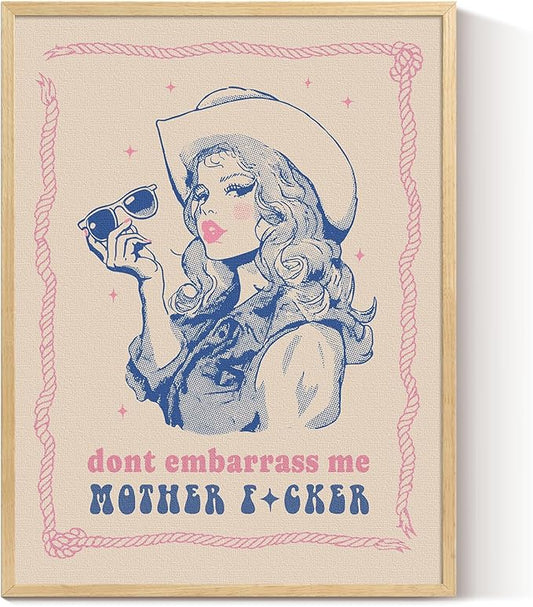ARPEOTCY Small Framed Canvas Wall Art, 12x16in, Vintage Cowgirl Attitude Art, Trendy Western Room Pink Blue Wall Decor for Bedroom Office Shelf, Country Retro Artwork