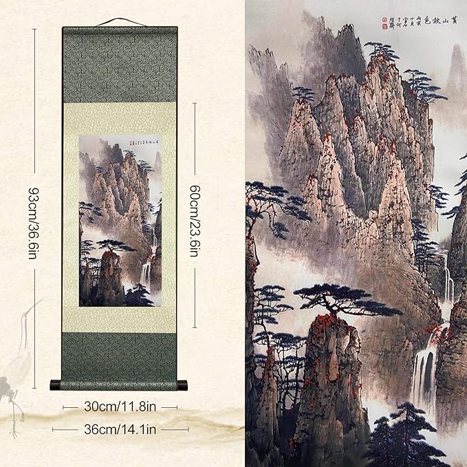 AtfArt Asian Wall Decor - Beautiful Silk Scroll Painting: Waterfall River Landscape - Autumn in Huangshan Mountain Oriental Decor - Chinese Wall Hanging (36.2 x 12 in)