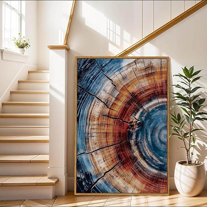 BingruiArt Large Framed Tree Ring Wall Art Wood Canvas Colorful Boho Wall Decor Rustic Artwork Abstract Painting Farmhouse Picture Nature Print for Living Room Bedroom Bathroom 24"x36" Natural Framed(01)