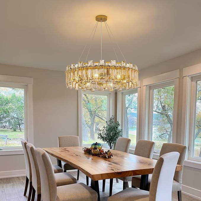 Modern Luxury K9 Crystal Chandelier 8-Lights Gold Round Pendant Light Easy Install Ceiling Hanging Light Fixture for Dining Living Room Kitchen Island Entryway Foyer D23.6