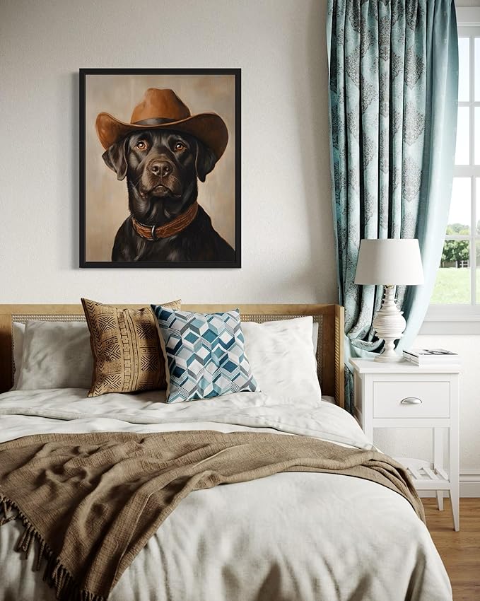 Labrador Retriever Cowboy Art Print Poster Wall Art, Western Country Farmhouse Wild West for Bedroom, Bathroom, Living Room Art Decor 58 (Labrador Retriever, 16 x 20 inches, Black Frame)