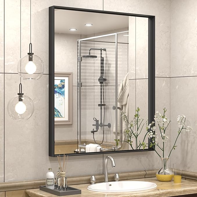 30x36 Inch Black Metal Framed Bathroom Mirror for Wall, Matte Black Rectangle Mirror with Square Corner, Anti-Rust, Shatterproof (Horizontal/Vertical)