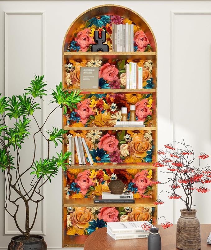 Boho Pink Floral Peel and Stick Wallpaper 17.5" x 393" Orange Flower Contact Wall Paper Vintage Colorful Art Wall Mural Vinyl for Bedroom Bathroom Cabinet Waterproof Self Adhesive Removable Renter