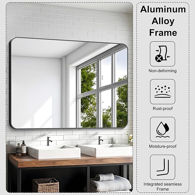 KOCUUY Black Bathroom Mirror 48"x36", Large Vanity Mirror with Rounded Corner, Metal Black Frame with Mordern Design for Bathroom, Living Room, Entryway, Hang Horizontal/Vertical