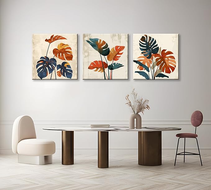 NAN Wind 3Pcs Modern Mid-century Abstract Tropical Monstera Leaf Canvas Art Orange and Blue Botanical Wall Print Minimalist Wall Decor Tropical Leaves Framed Wall Art for Contemporary Home Decor