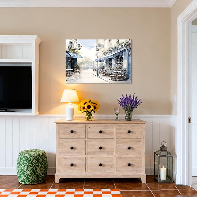 Modern Framed Street View Wall Art European Coffee Shop Canvas Print, Contemporary City Scene Painting, Vintage Cafe Artwork for Kitchen Dining Room Living Room, Bedroom Home Decor, Multi Size