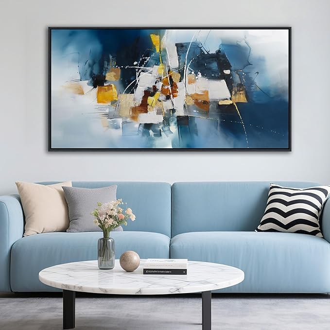 Abstract Canvas Wall Art Navy Blue Wall Art for Living Room Framed Modern Artwork for Walls, Above Bed Wall Decor Navy and Gold for Bedroom and Living Room Office Pictures Wall Decor 24×48IN