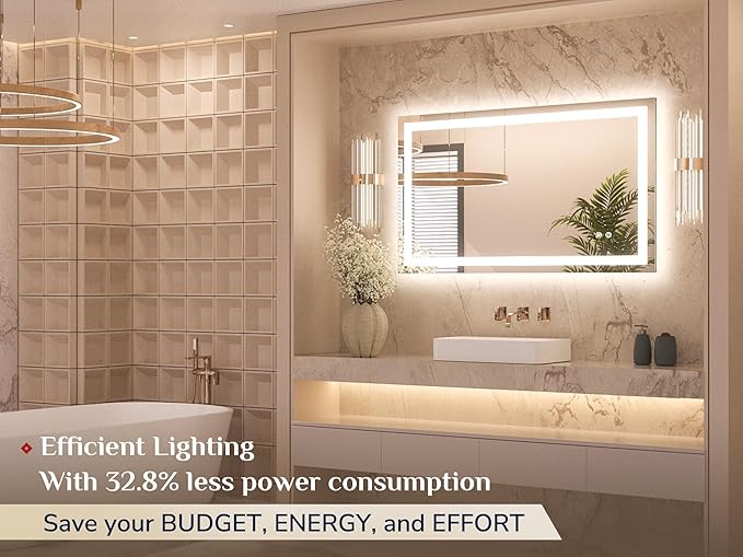 Keonjinn 40" x 24" Lighted Mirror for Bathroom Wall, LED Bathroom Mirror with Lights, Frontlit & Backlit Mirror with Dimmable 3-Color Temperature, HD Tempered Glass, UL-Listed LED Driver