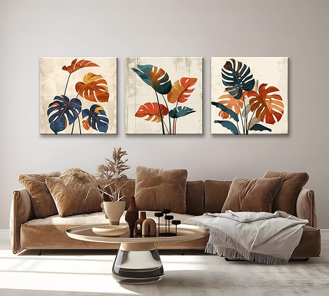 NAN Wind 3Pcs Modern Mid-century Abstract Tropical Monstera Leaf Canvas Art Orange and Blue Botanical Wall Print Minimalist Wall Decor Tropical Leaves Framed Wall Art for Contemporary Home Decor