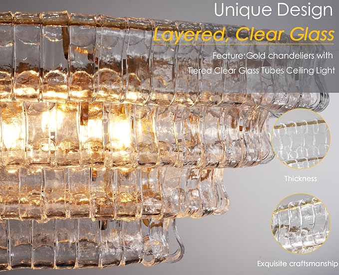 65 Inch Large Rectangular Gold Chandelier for Dining Room, Clear Glass Drum Modern Pendant Light Fixture, Extra Long Kitchen Island Lighting