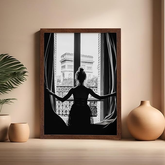 Poster Master Vintage Photograph Poster - Retro Minimalist Print - Girl In The Open Window, Black & White, Simple - Gift for Artist, Friend - Wall Decor for Living Room, Dorm, 16x20 Brown Framed