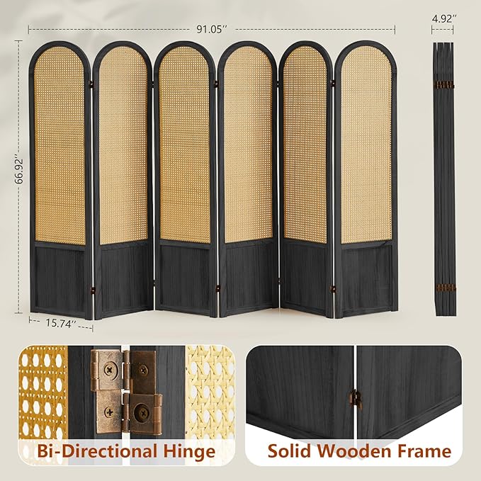 6 Panel Room Dividers and Folding Privacy Screens, Hand-Made Rattan Room Divider with Bi-Directional Hinge, Pre-Assembled Wood Room Divider Wall for Home Office Bedroom, Black