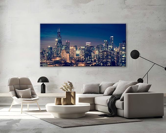 NAN Wind Modern Canvas Painting Chicago Skyline at Night Wall Art Cityscape Picture Print on Canvas Blue City Cool Building Giclee Artwork for Home Office Living Room Bedroom Decoration Framed