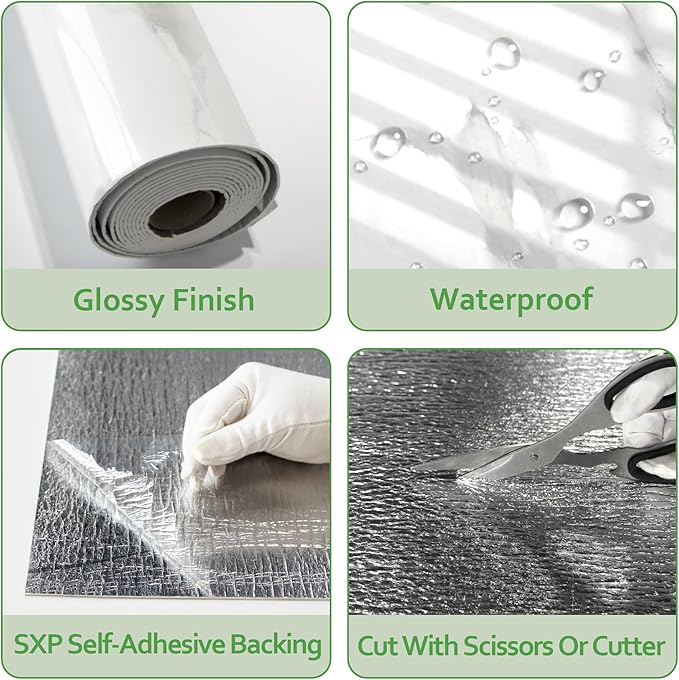 Marble Peel and Stick Waterproof Wall Paneling, 118" x 47" Carrara White Glossy Finish Self-Adhesive Backsplash Tile Vinyl Wall Panel for Kitchen Bathroom Wall Decor, Covers 38.75 Sq. Ft.