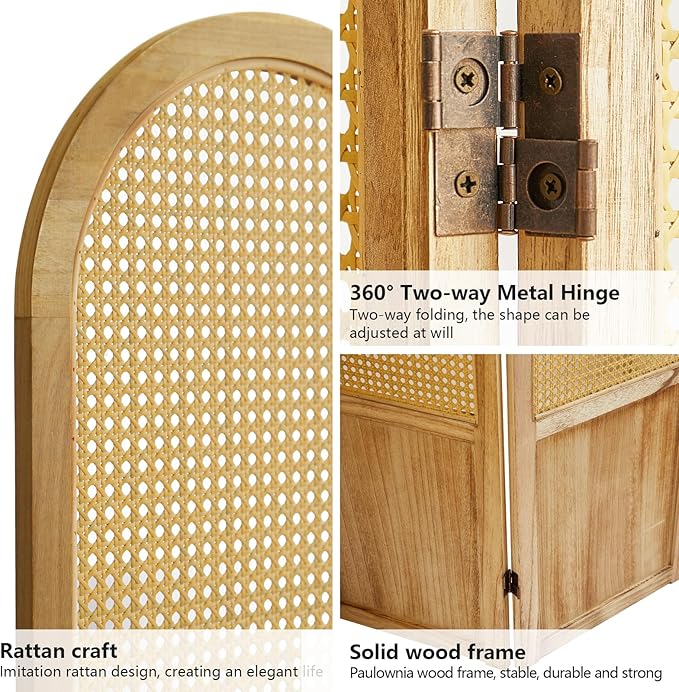 6 Panels Room Divider, Folding Privacy Screen, Foldable Wood Rattan Room Divider Panel, Portable Partition Screen Wall Divider for Room Separation Bedroom Home Office Garden Terrace (Natural)