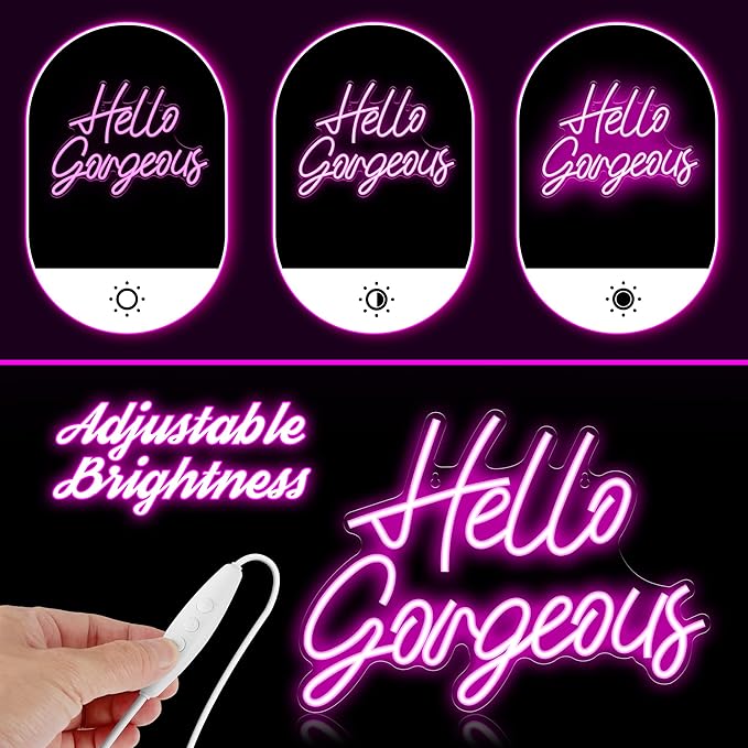 Kavaas Hello Gorgeous Neon Signs for Wall Decor, Hello Gorgeous Neon Light Sign with Dimmable Switch - Hello Gorgeous Sign for Girls Bedroom, Makeup Room Decor (Pink)