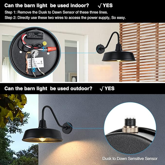 Outdoor Gooseneck Barn Light - Exterior Fixture Sconce Wall Light for Farmhouse, Dusk to Dawn Sensor Front Door Porch Garage Patio Lighting (15 inch（2 PCS）)