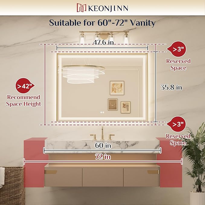 Keonjinn 48 x 36 Inch Large LED Bathroom Mirror with Frontlit & Backlit, Black Lighted Mirror Wall Mounted, HD Tempered Glass, UL Listed LED Driver, Beveled Framed, 3 Color Lights, Dimmable, Anti-Fog