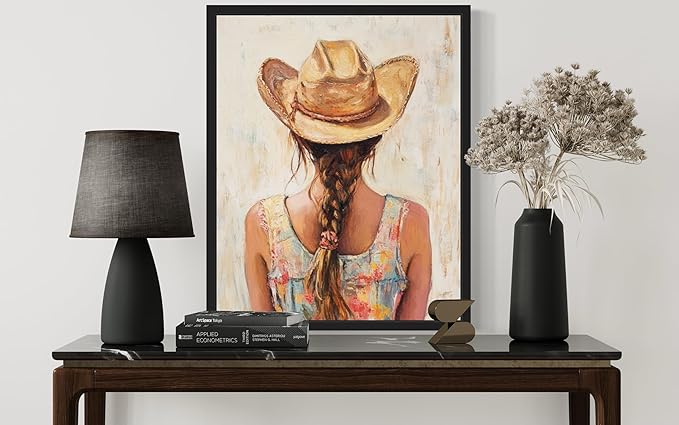 Brunette Cowgirl Cowboy Art Print Poster Wall Art, Western Country Farmhouse Wild West for Bedroom, Bathroom, Living Room Art Decor 58 (Brunette Cowgirl, 11 x 14 inches, Black Frame)